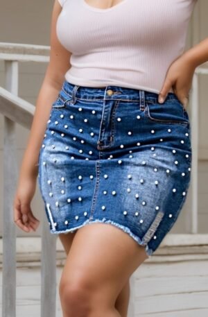 Plus Size Pearl Embellished Denim Skirt