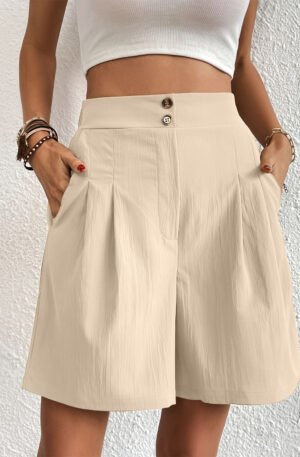 Pocketed Half Elastic Waist Shorts
