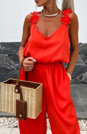 Floral Applique V-Neck Wide Leg Jumpsuit