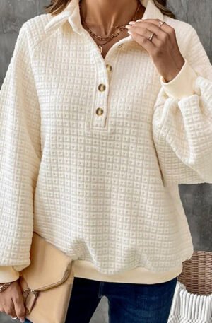 Textured Half Button Collared Sweatshirt