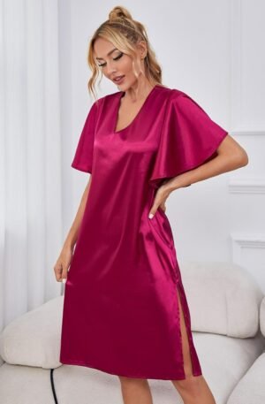 Satin Flutter Sleeve Side Slit V-Neck Night Dress