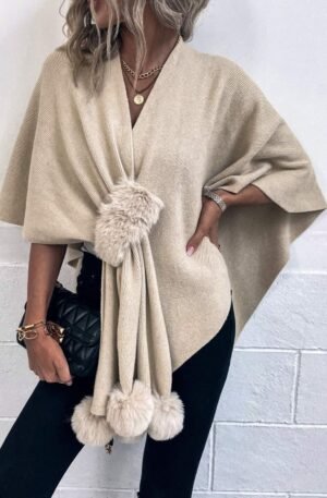 Surplice Neck Pom-Pom Trim Poncho