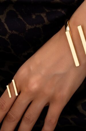 Adjustable 18K Gold-Plated Modern Bar Bracelet and Ring Jewelry Set