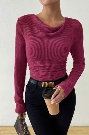 Cowl Neck Ribbed Long Sleeve Sweater