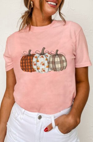 Pink Mix Pattern Pumpkin Print Round Neck T Shirt