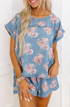 Pink Rose Print Denim Shorts 2pcs Set