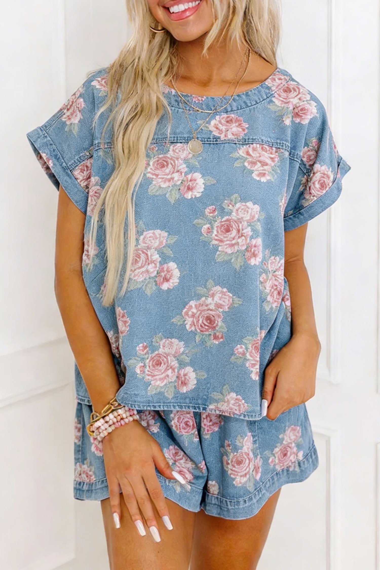 Pink Rose Print Denim Shorts 2pcs Set