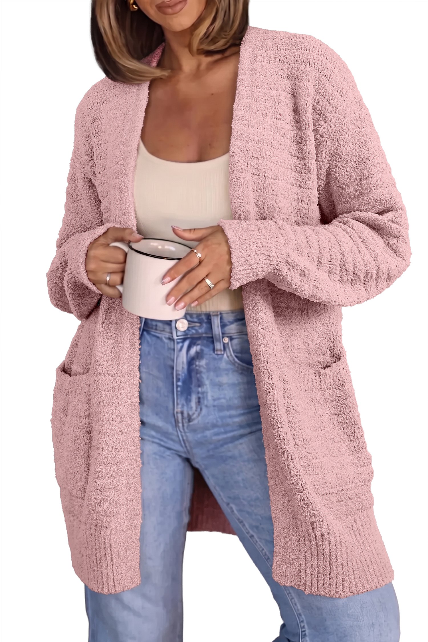 Light Pink Open Front Soft Fuzzy Ribbed Sweater Cardigan - Image 4