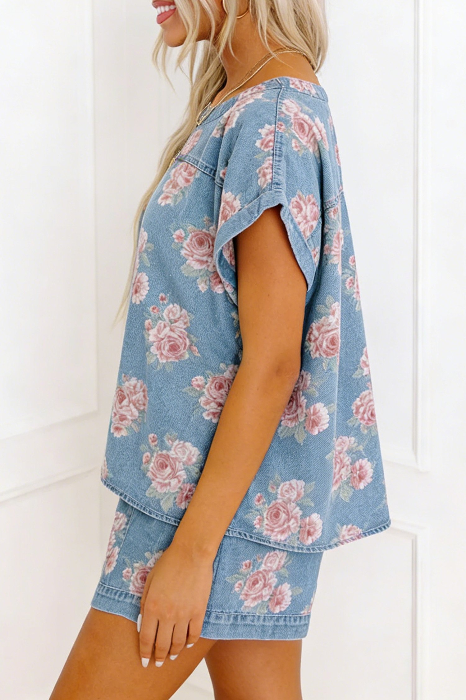 Pink Rose Print Denim Shorts 2pcs Set - Image 3