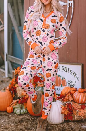 Pink Halloween Pumpkin Print Long Sleeve Home Wear Lounge Set