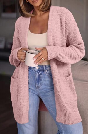 Light Pink Open Front Soft Fuzzy Ribbed Sweater Cardigan