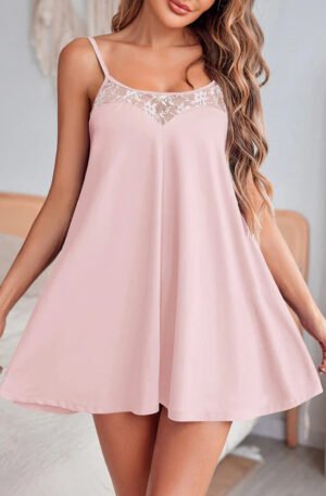Light Pink Sheer Lace Patchwork Camisole Nightgown Dress
