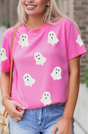 Sachet Pink Sequin Halloween Ghost Patched Casual T Shirt