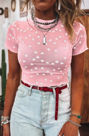 Pink Allover Heart Print Mesh Short Sleeve Top