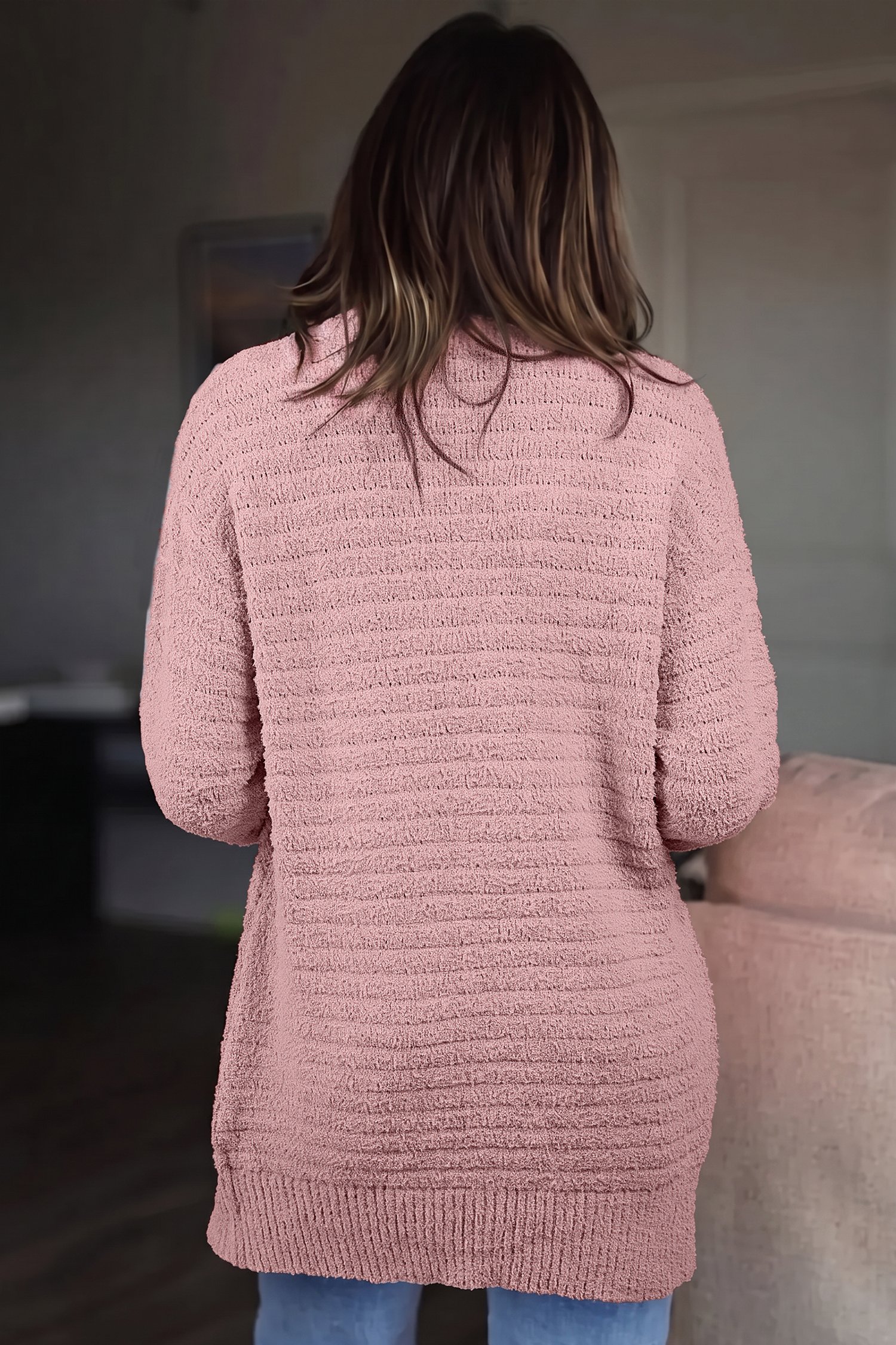 Light Pink Open Front Soft Fuzzy Ribbed Sweater Cardigan - Image 2