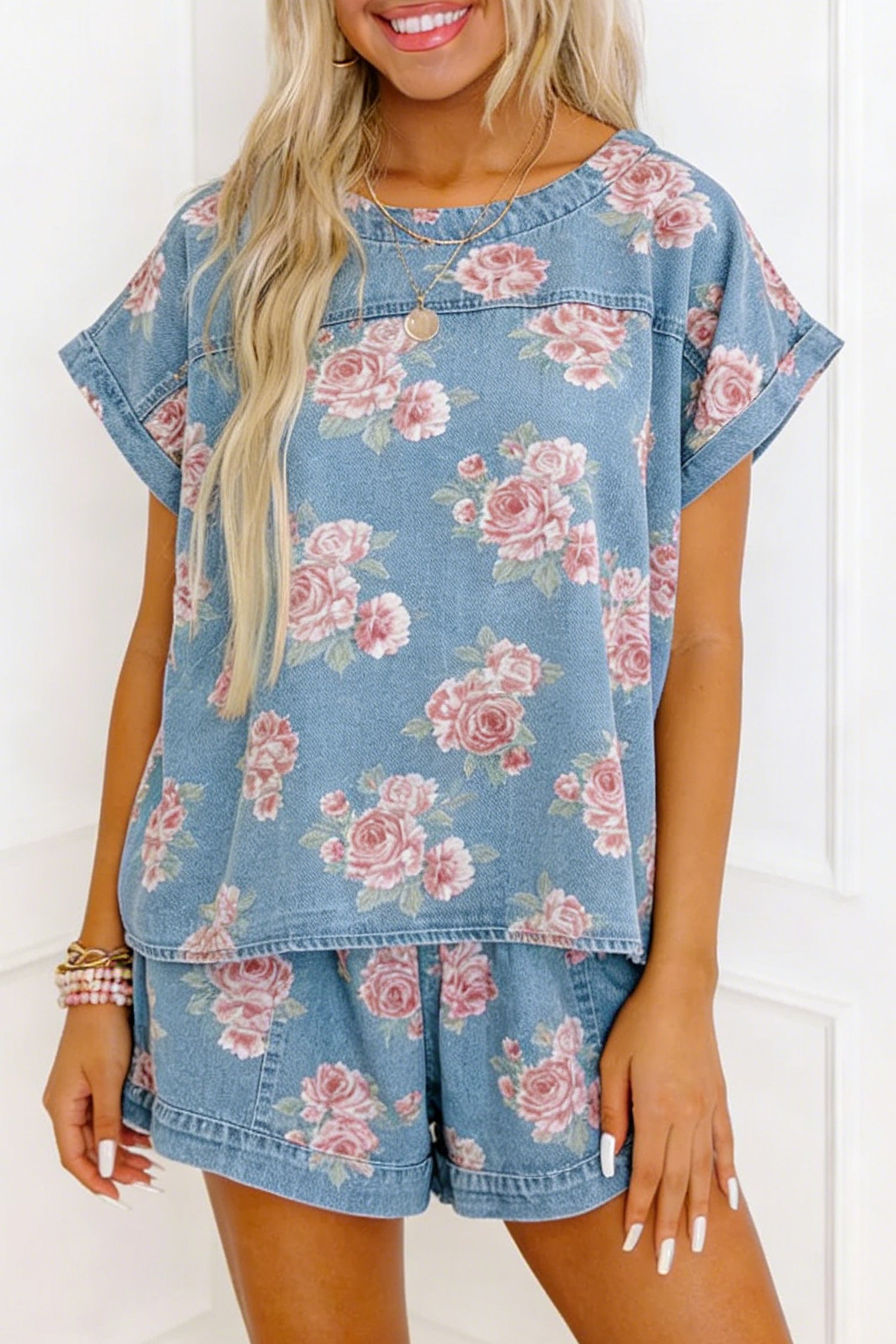 Pink Rose Print Denim Shorts 2pcs Set - Image 4