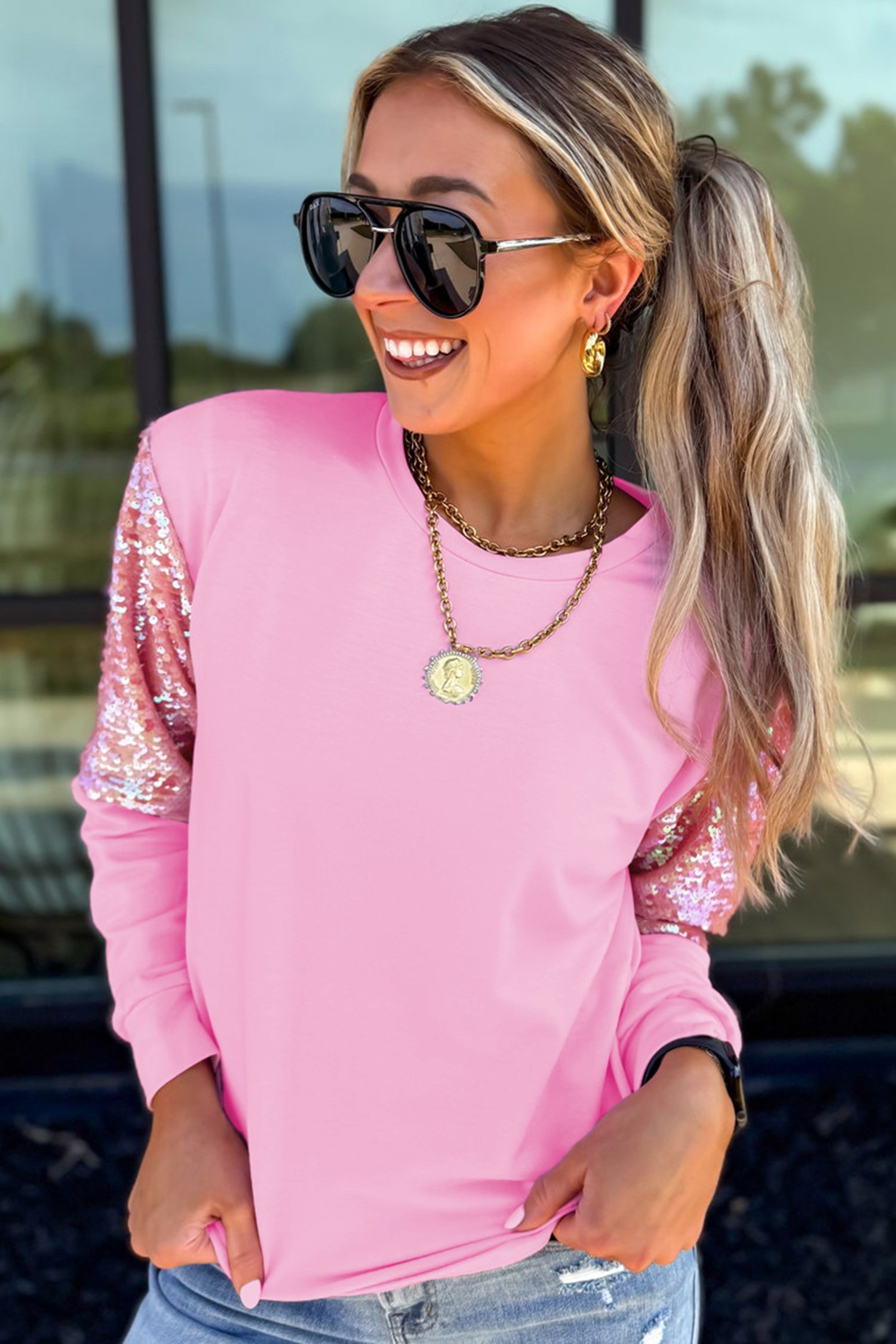 Pink Long Sleeve Sequin Round Neck Pullover Top - Image 4