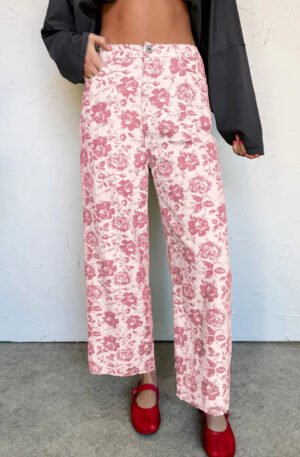 Pink Vintage Rose Print Denim  Pants