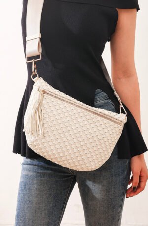 White Checkered Woven PU Leather Crossbody Bag Adjustable Strap Large Size