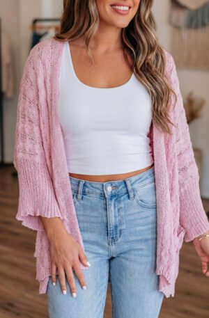 Pink Drop Shoulder Crochet Knit Open Front Cardigan