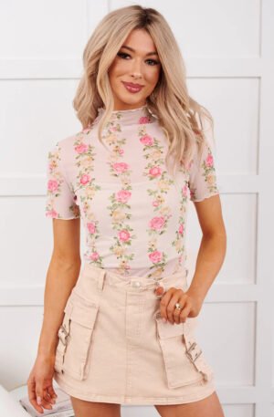 Pink Rose Print Mesh Top