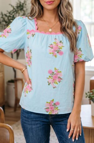 Sky Blue Floral Printed Contrast Ricrac Detail Bubble Sleeve Blouse