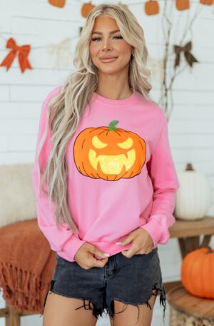 Pink Embroidered Pumpkin Face Long Sleeve Round Neck Sweatshirt