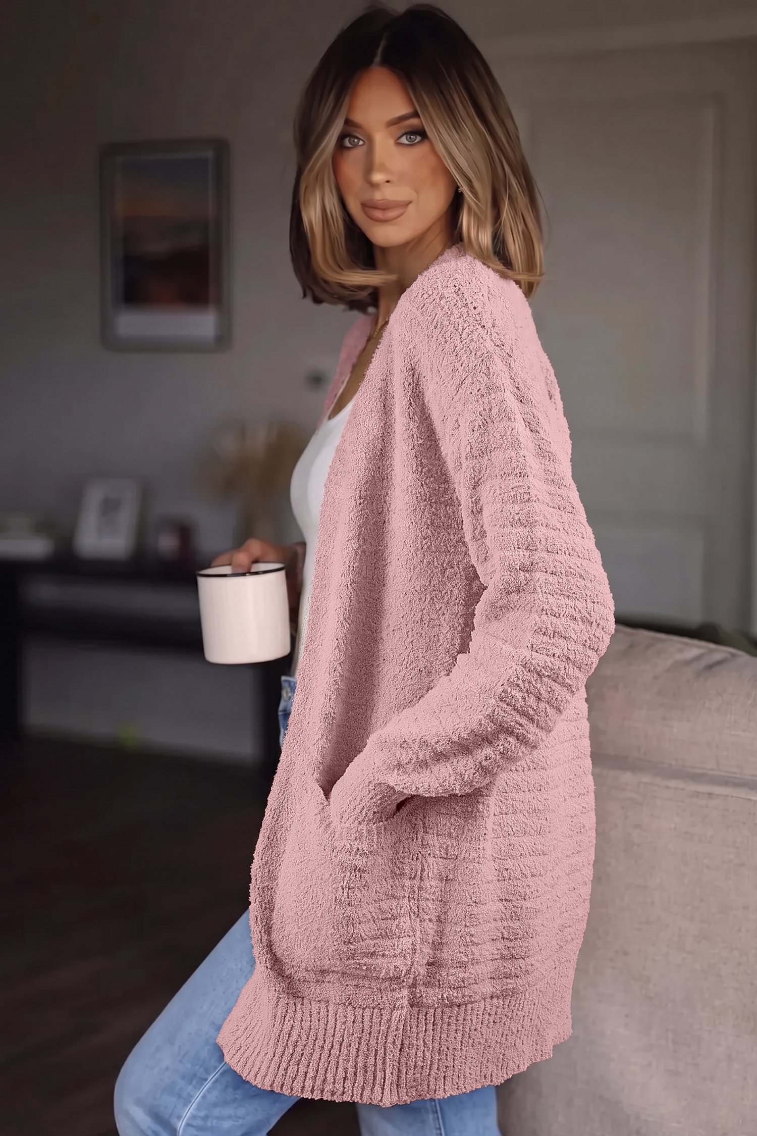 Light Pink Open Front Soft Fuzzy Ribbed Sweater Cardigan - Image 3