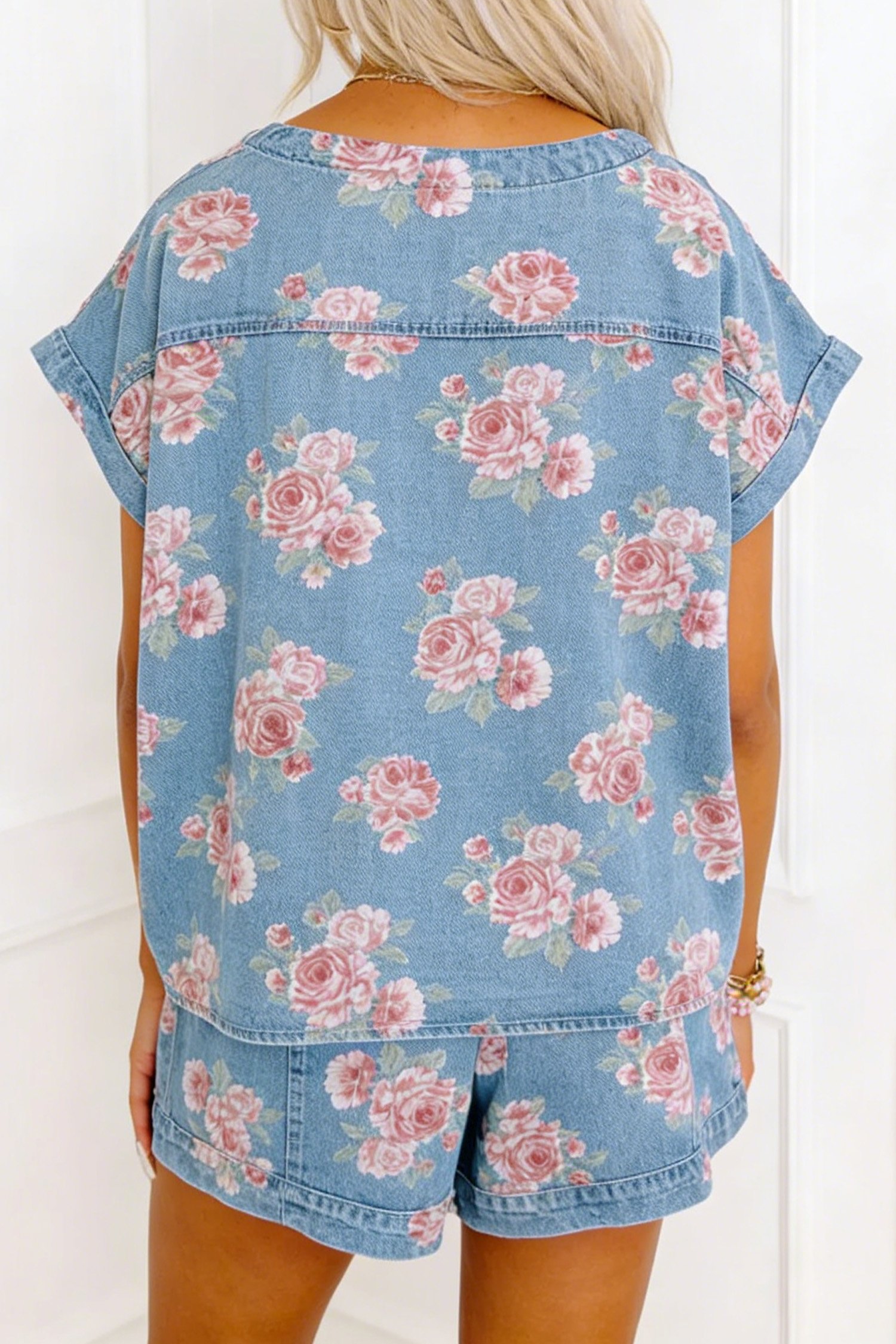 Pink Rose Print Denim Shorts 2pcs Set - Image 2